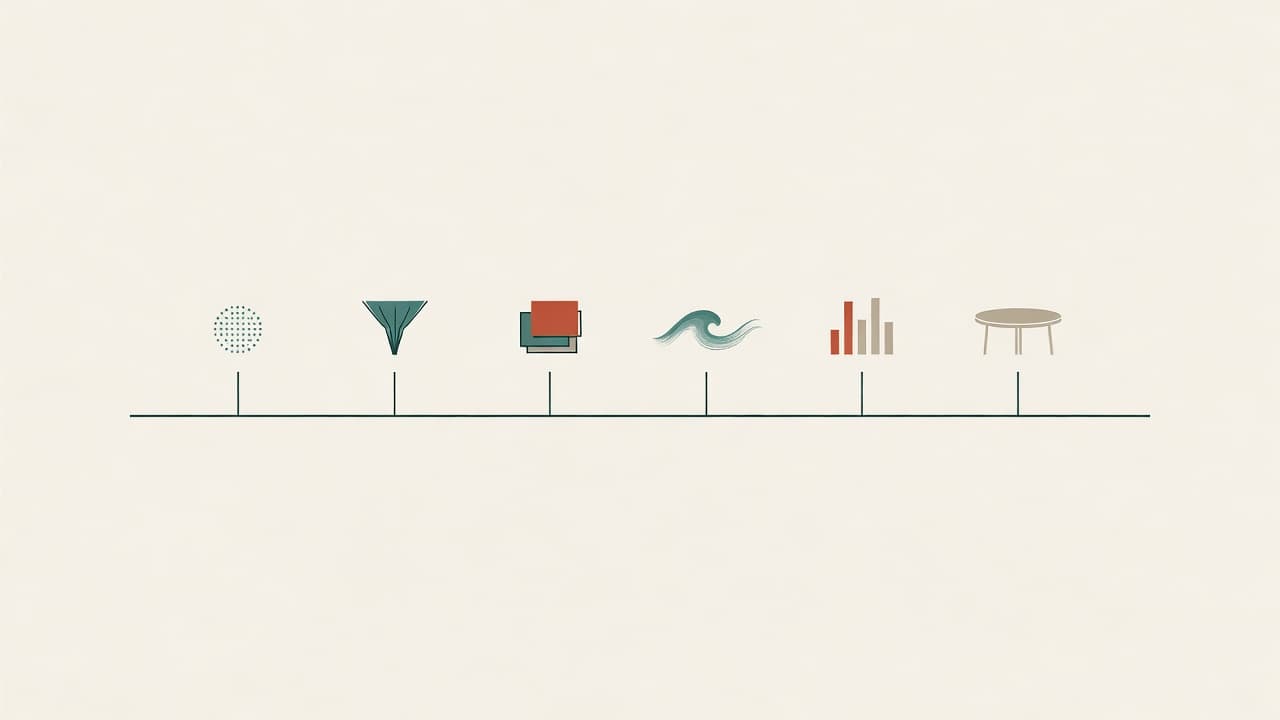 Diagram of six research stages: sample, screening funnel, fieldwork, analysis, frequencies, joint session