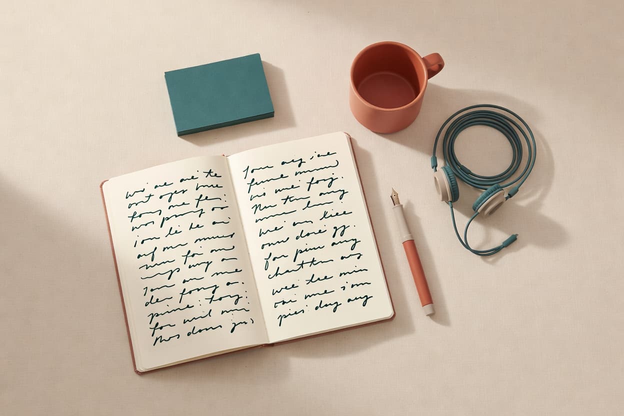 A researcher's desk: an open notebook with notes, a stack of cards, headphones and a pen